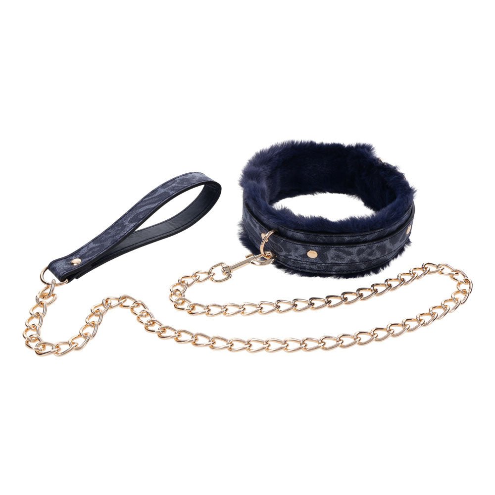 Sex & Mischief Cougar Fur Collar & Leash - Navy Blue/Gold Furry Restraint - BONDAGE - TOYS - Mr and Mrs D's
