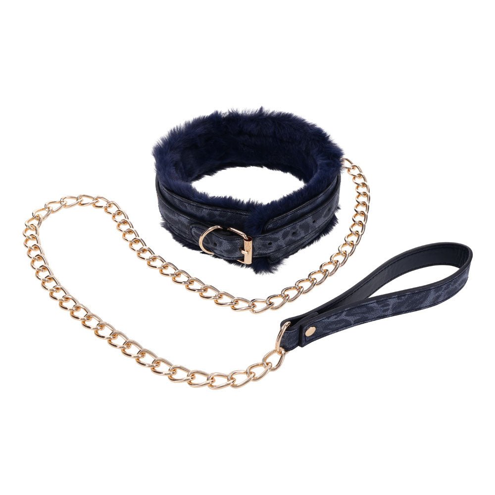 Sex & Mischief Cougar Fur Collar & Leash - Navy Blue/Gold Furry Restraint - BONDAGE - TOYS - Mr and Mrs D's