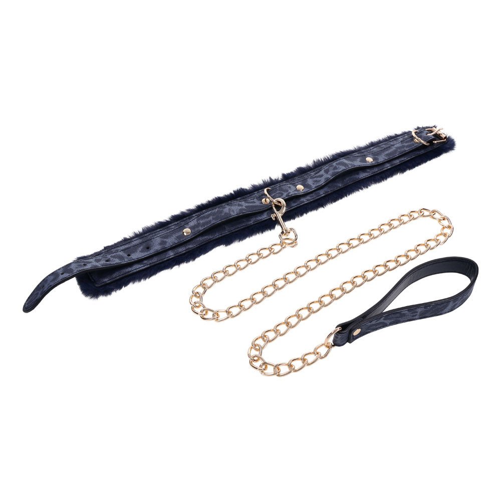 Sex & Mischief Cougar Fur Collar & Leash - Navy Blue/Gold Furry Restraint - BONDAGE - TOYS - Mr and Mrs D's