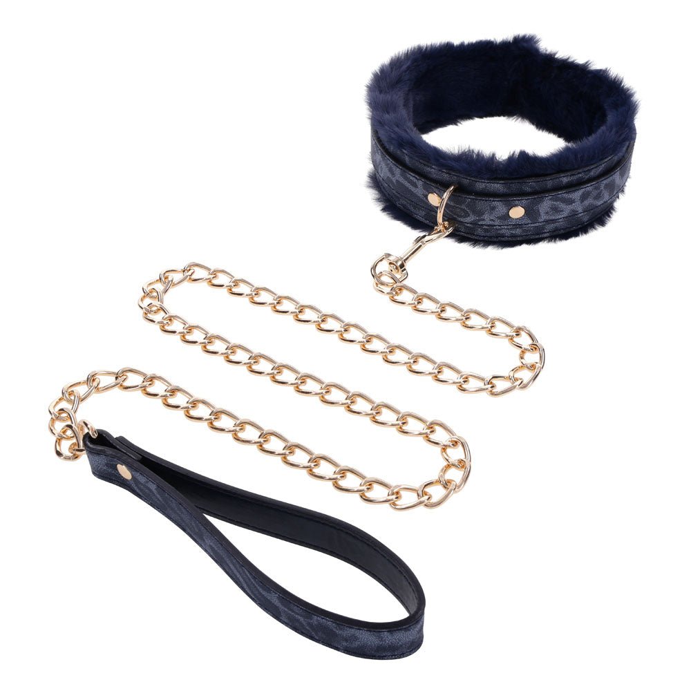 Sex & Mischief Cougar Fur Collar & Leash - Navy Blue/Gold Furry Restraint - Mr and Mrs D's
