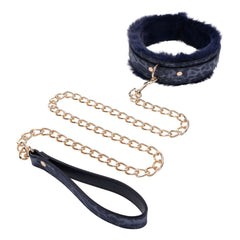 Sex & Mischief Cougar Fur Collar & Leash - Navy Blue/Gold Furry Restraint - Mr and Mrs D's