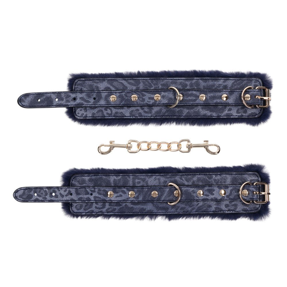 Sex & Mischief Cougar Fur Handcuffs - Navy Blue/Gold Furry Restraints - BONDAGE - TOYS - Mr and Mrs D's