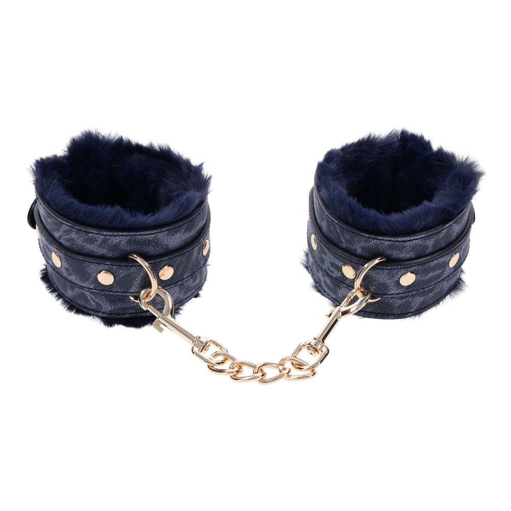 Sex & Mischief Cougar Fur Handcuffs - Navy Blue/Gold Furry Restraints - BONDAGE - TOYS - Mr and Mrs D's