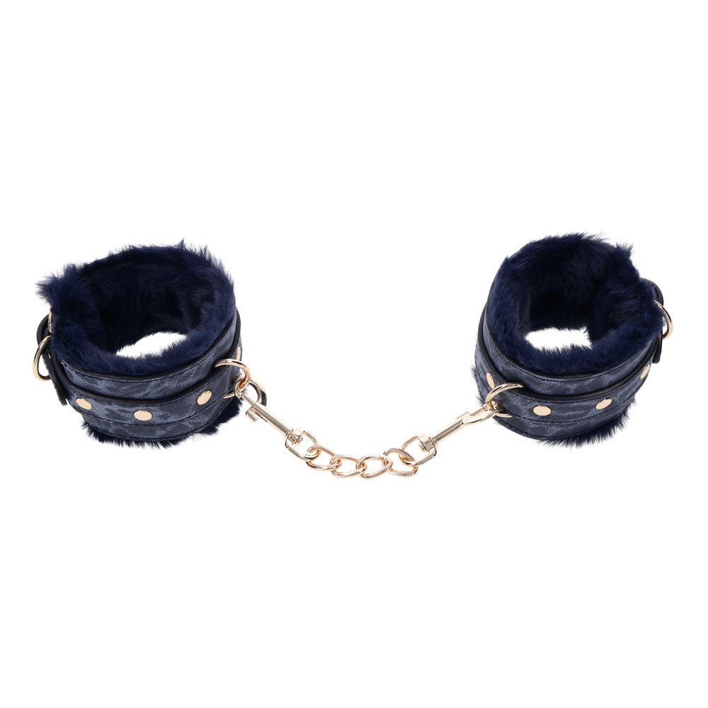 Sex & Mischief Cougar Fur Handcuffs - Navy Blue/Gold Furry Restraints - BONDAGE - TOYS - Mr and Mrs D's