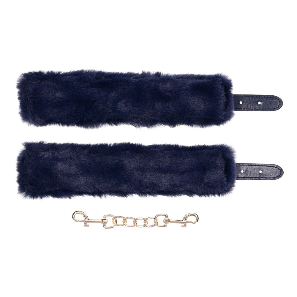 Sex & Mischief Cougar Fur Handcuffs - Navy Blue/Gold Furry Restraints - BONDAGE - TOYS - Mr and Mrs D's