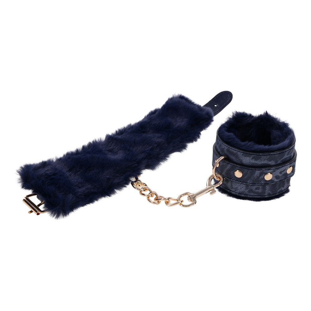 Sex & Mischief Cougar Fur Handcuffs - Navy Blue/Gold Furry Restraints - BONDAGE - TOYS - Mr and Mrs D's
