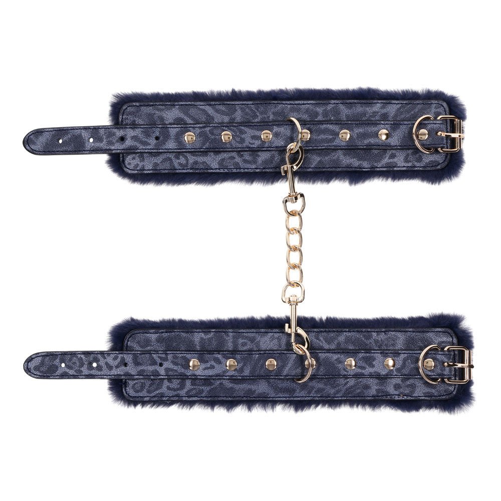 Sex & Mischief Cougar Fur Handcuffs - Navy Blue/Gold Furry Restraints - BONDAGE - TOYS - Mr and Mrs D's