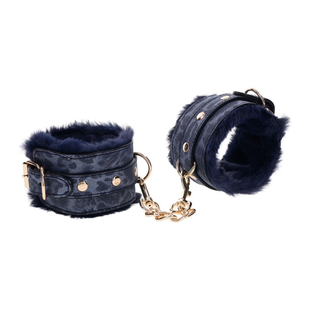 Sex & Mischief Cougar Fur Handcuffs - Navy Blue/Gold Furry Restraints - BONDAGE - TOYS - Mr and Mrs D's