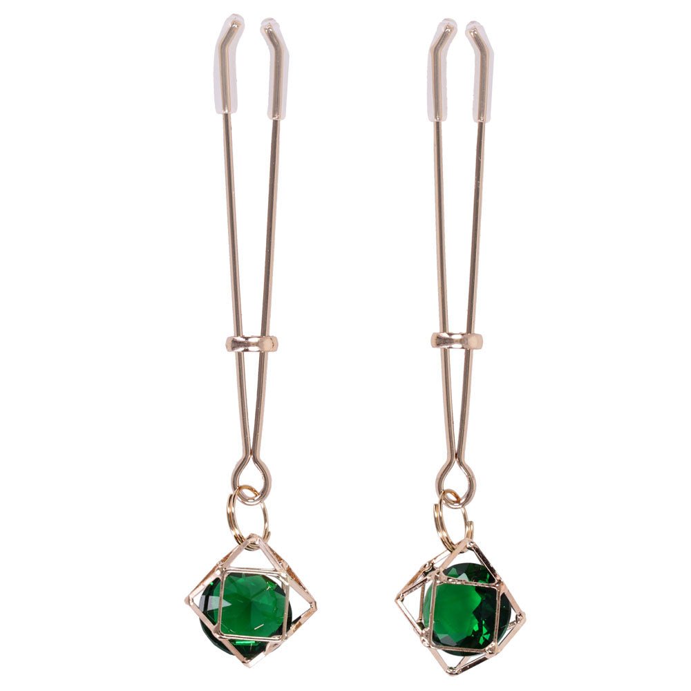 Sex & Mischief Indica Crystal Nipple Clips - Gold Nipple Clips with Emerald Gems - BONDAGE - TOYS - Mr and Mrs D's