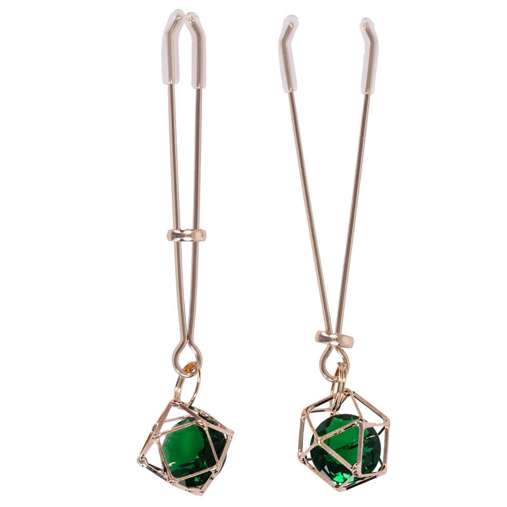 Sex & Mischief Indica Crystal Nipple Clips - Gold Nipple Clips with Emerald Gems - BONDAGE - TOYS - Mr and Mrs D's