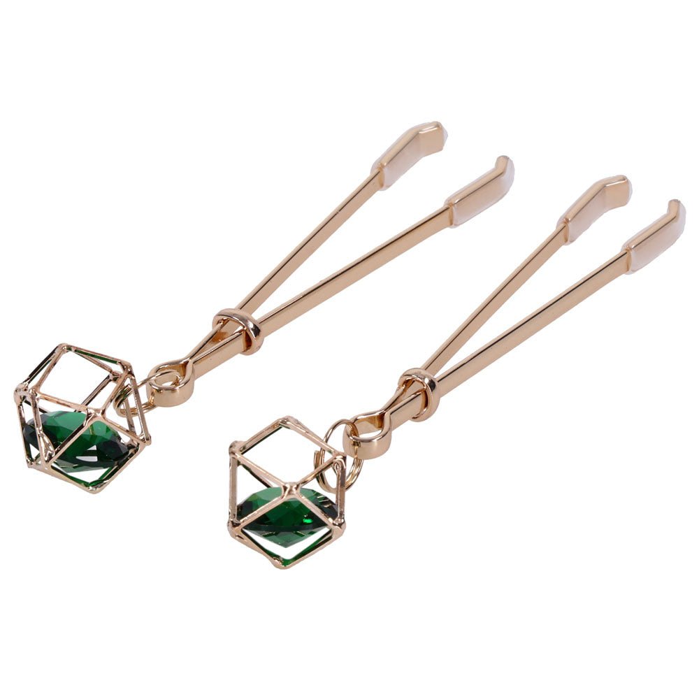 Sex & Mischief Indica Crystal Nipple Clips - Gold Nipple Clips with Emerald Gems - BONDAGE - TOYS - Mr and Mrs D's