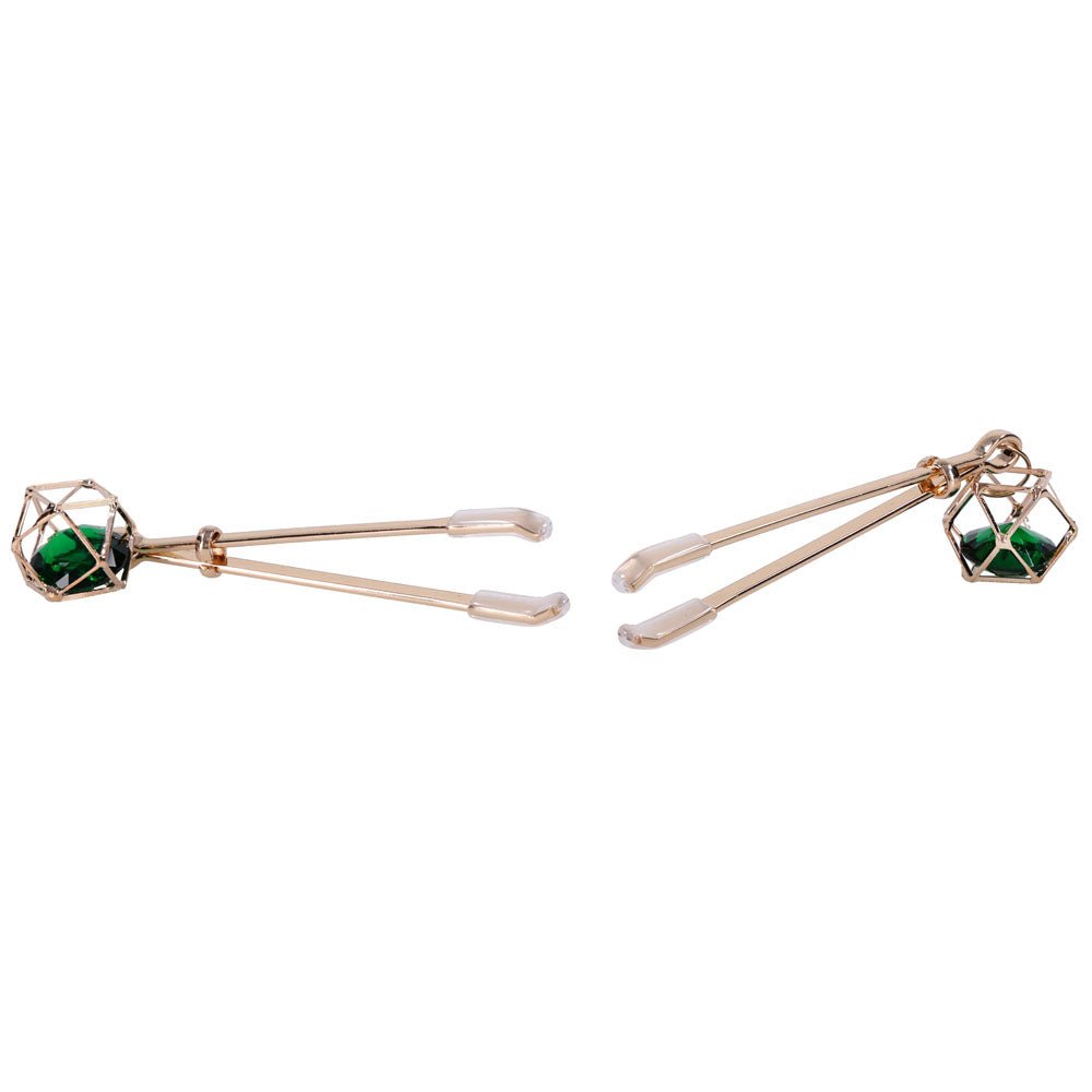Sex & Mischief Indica Crystal Nipple Clips - Gold Nipple Clips with Emerald Gems - BONDAGE - TOYS - Mr and Mrs D's