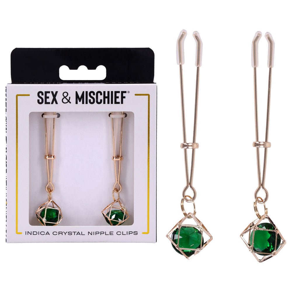 Sex & Mischief Indica Crystal Nipple Clips - Gold Nipple Clips with Emerald Gems - BONDAGE - TOYS - Mr and Mrs D's