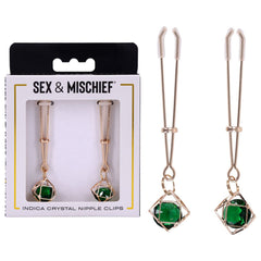 Sex & Mischief Indica Crystal Nipple Clips - Gold Nipple Clips with Emerald Gems - BONDAGE - TOYS - Mr and Mrs D's