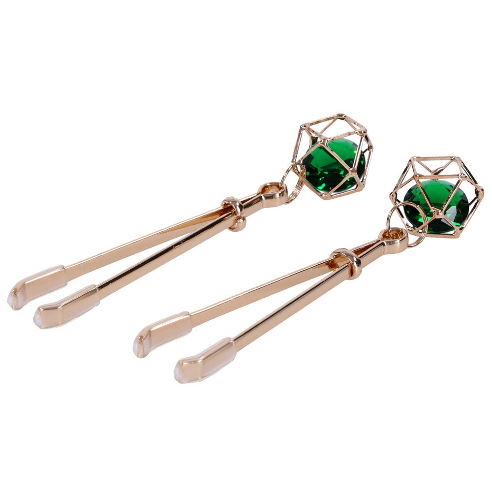 Sex & Mischief Indica Crystal Nipple Clips - Gold Nipple Clips with Emerald Gems - BONDAGE - TOYS - Mr and Mrs D's