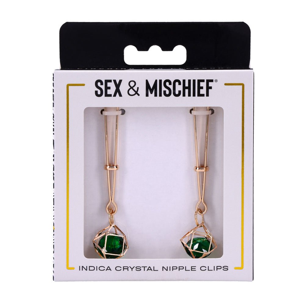 Sex & Mischief Indica Crystal Nipple Clips - Gold Nipple Clips with Emerald Gems - BONDAGE - TOYS - Mr and Mrs D's
