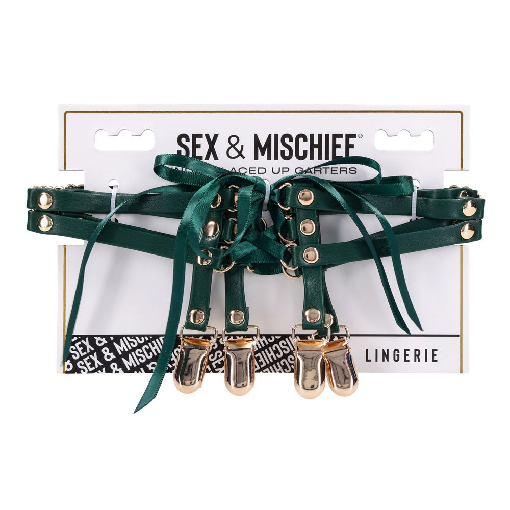 Sex & Mischief Indica Laced Up Garters - Green/Gold Garters - Set of 2 - BONDAGE - TOYS - Mr and Mrs D's