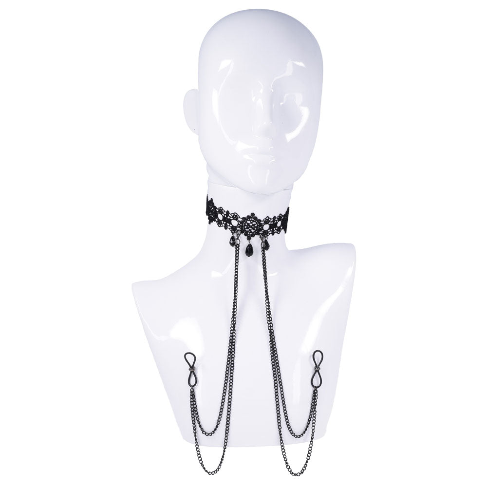 Sex & Mischief Lace Collar with Nipple Ties - Black Neck and Nipple Restraints - BONDAGE - TOYS - Mr and Mrs D's