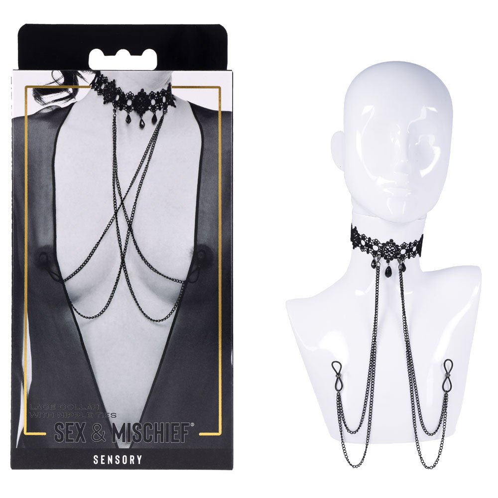 Sex & Mischief Lace Collar with Nipple Ties - Black Neck and Nipple Restraints - BONDAGE - TOYS - Mr and Mrs D's