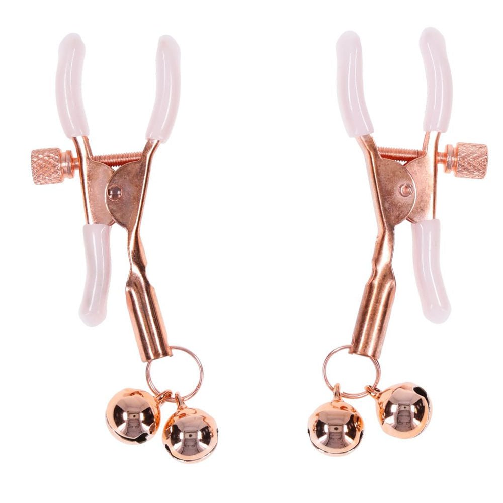 Sex & Mischief Peaches n CreaMe Bell Nipple Clamps - Peach/Rose Gold Nipple Clamps with Bells - Set of 2 - BONDAGE - TOYS - Mr and Mrs D's