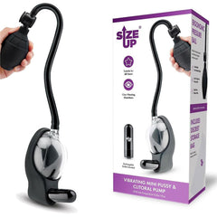 Vibrating mini pussy & clitoral pump with packaging labeled 'Size Up'.