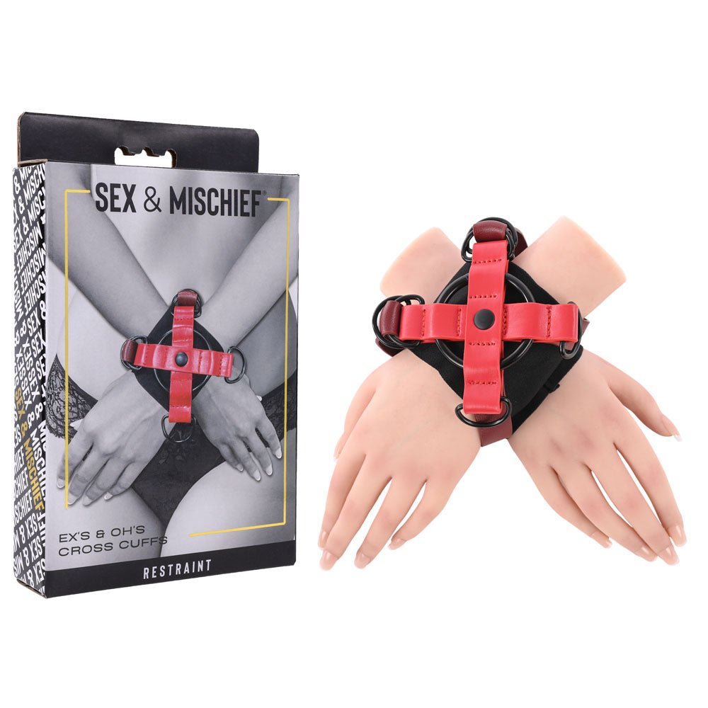 S&M Exs & Ohs Cross Cuffs - Red/Black Restraints - BONDAGE - TOYS - Mr and Mrs D's