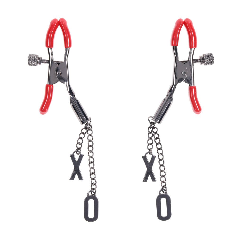 S&M Exs & Ohs Nipple Clamps - Red Tipped Metal Nipple Clamps - Set of 2 - BONDAGE - TOYS - Mr and Mrs D's