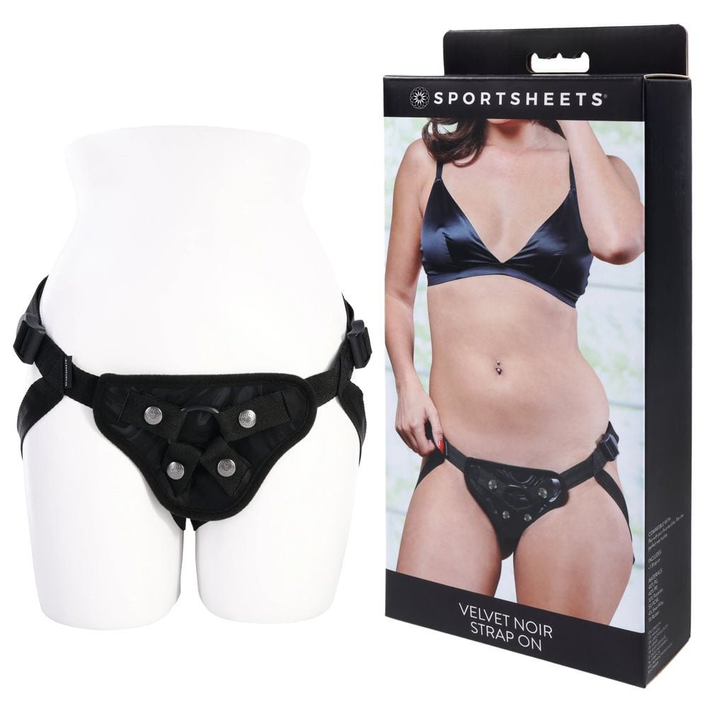 SPORTSHEETS Velvet Noir Strap On - Black Adjustable Strap - On Harness (No Probe Included) - Mr and Mrs D's