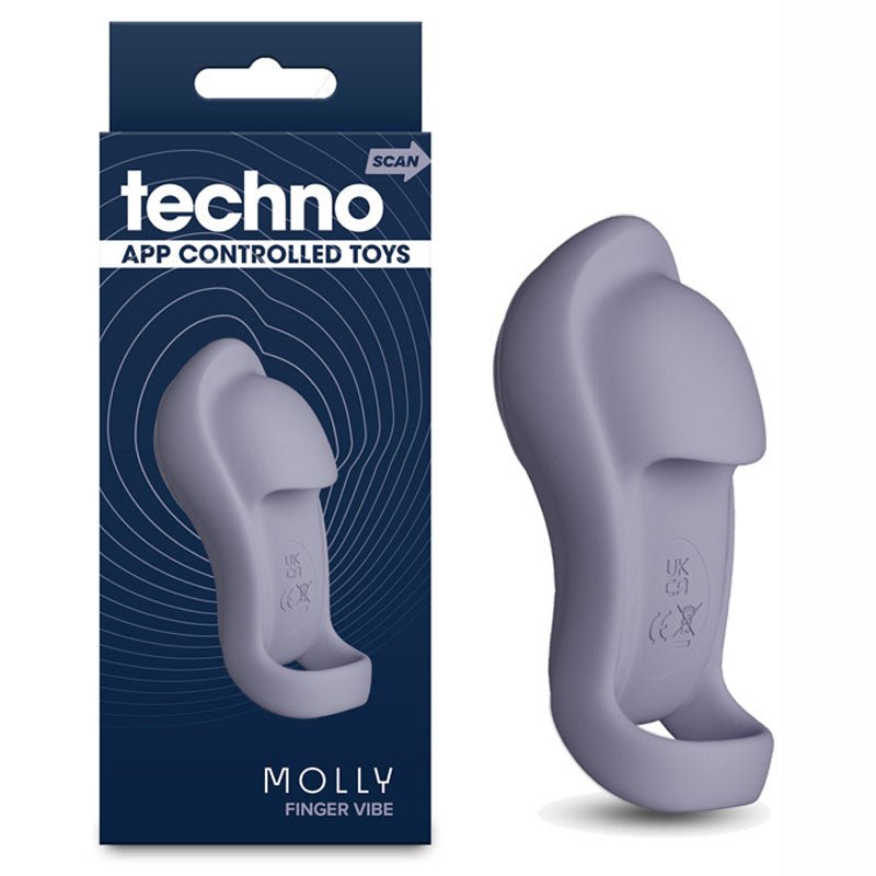 Gray finger vibe with packaging labeled 'techno' and 'MOLLY FINGER VIBE'.