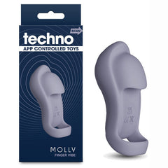 Gray finger vibe with packaging labeled 'techno' and 'MOLLY FINGER VIBE'.