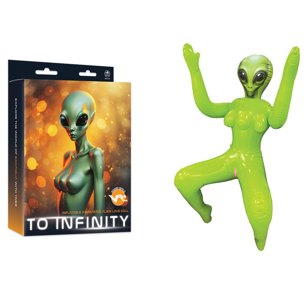 Green alien figure next to its packaging with 'To Infinity' text