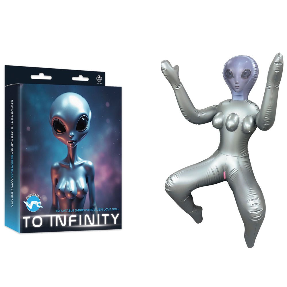 Inflatable alien figure next to its packaging on a white background