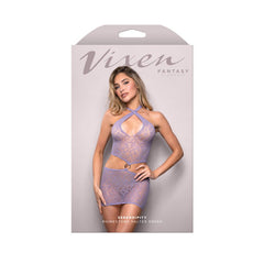 Vixen Fantasy lingerie packaging with a model wearing a lace halter dress.