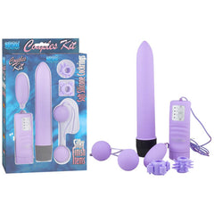 Image displaying the Couples Kit Vibrator in purple, showcasing various components such as a multi-speed vibrator, a remote-controlled vibrating egg, a set of Ben Wa balls, and several textured attachments. The items are presented alongside their packaging labeled with "Couples Kit," "Soft Silicone Coatings," and "Waterproof.