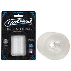 A packaged GoodHead - Helping Head Mini Handheld Stroker, an adult toy designed as a fellatio enhancement aid. The packaging is black with blue accents, featuring branding and product information. The product itself is shown alongside, made of white, soft, and stretchy UltraSkyn material.