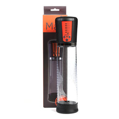 A Maia Jackson Clear USB Rechargeable Penis Pump with a transparent body stands next to its packaging. The box features an image of the product and has an orange section with black text. The pump includes buttons and indicators on the top part, alongside a silicone vacuum seal for freshness.