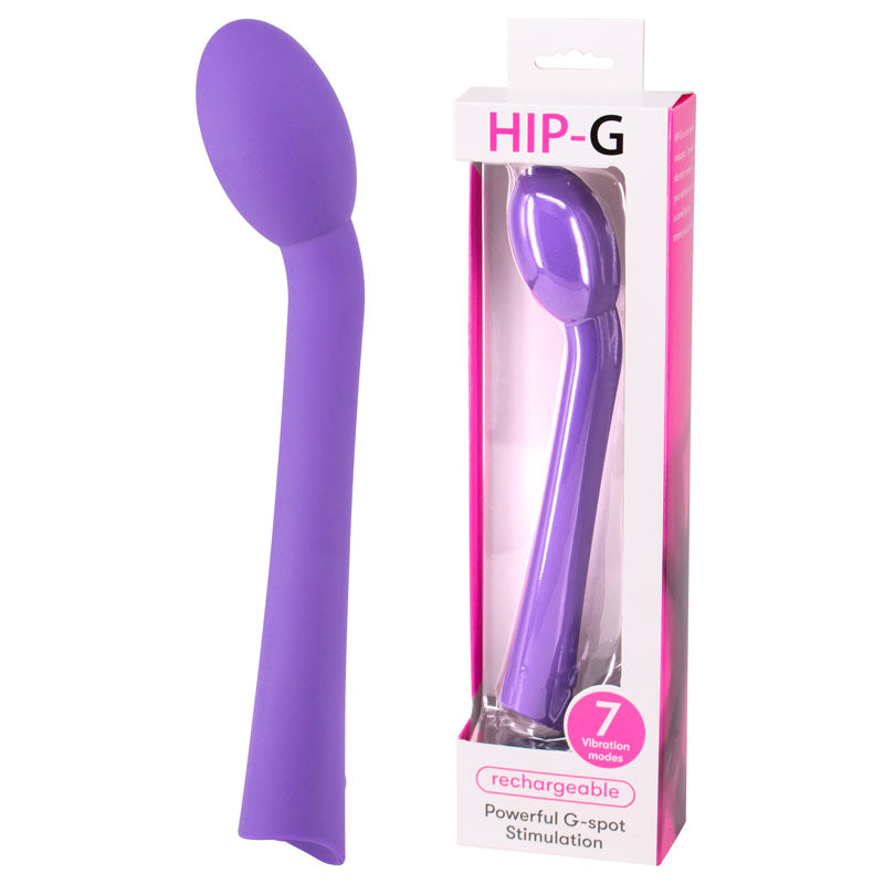 A purple, curved Hip G Rechargeable Vibrator is shown next to its packaging. The box, labeled "Hip G," highlights features such as "7 vibration modes," "waterproof," and "rechargeable" with "powerful G-spot stimulation." The vibrator and packaging are displayed against a white background.