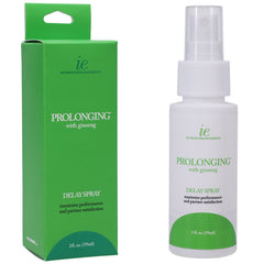 Image of a product called "Proloonging" from "ie INTIMATE ENHANCEMENTS." The spray bottle is white with a grey lid, and the green box shows product details. The 2 fl. oz (59 ml) bottle features a potent delay formula designed as one of the leading male genital desensitisers for optimal performance and partner satisfaction.
