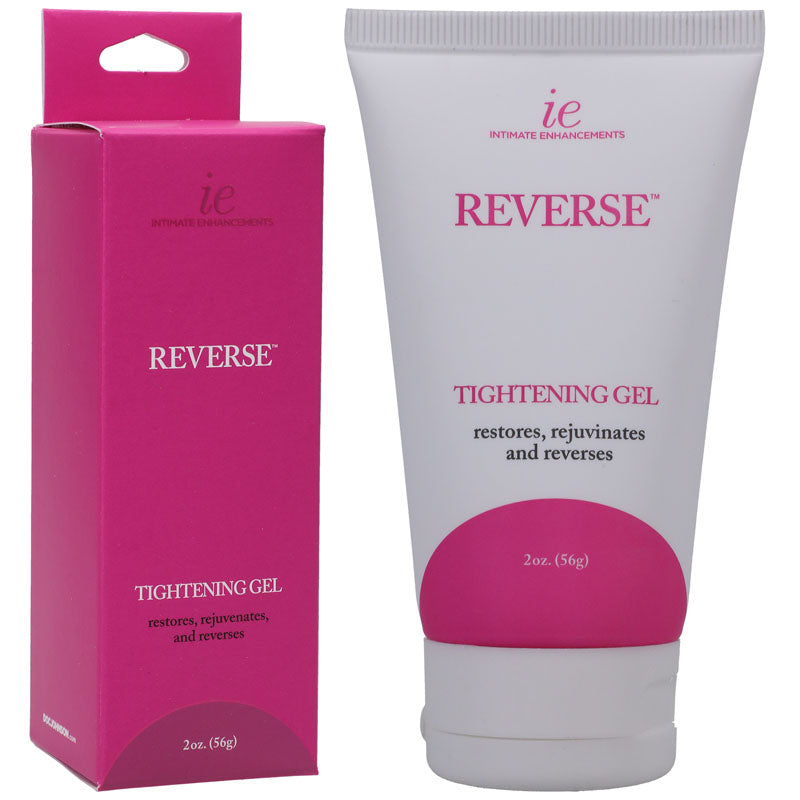 A tube and its box of Reverse Tightening Gel from Intimate Enhancements claims to restore, rejuvenate, and reverse. This vaginal tightening gel features natural ingredients. The white tube with pink labeling and the pink box with white text each contain 2 ounces (56 grams).