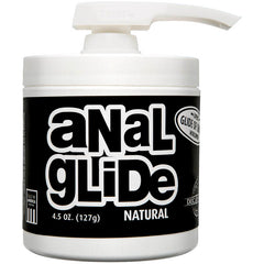 A white plastic jar with a pump dispenser is labeled "Doc Johnson's Anal Glide Natural." The label indicates it contains 4.5 oz (127g) of long-lasting anal lube with an antibacterial numbing agent, and it is made in the USA.