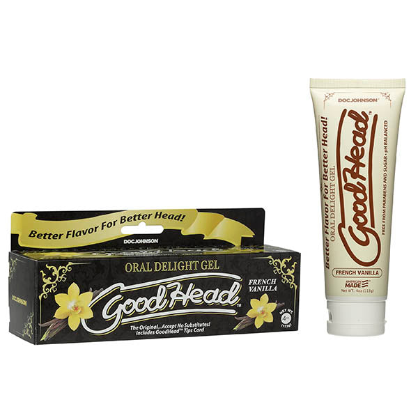 An image of a product named "GoodHead Oral Delight Gel" in the French Vanilla flavor. The packaging is black with yellow accents, adorned with images of vanilla flowers. The accompanying tube mirrors the box design, containing 4 fl. oz., and highlighting its features as a body-safe gel and oral sex enhancer.