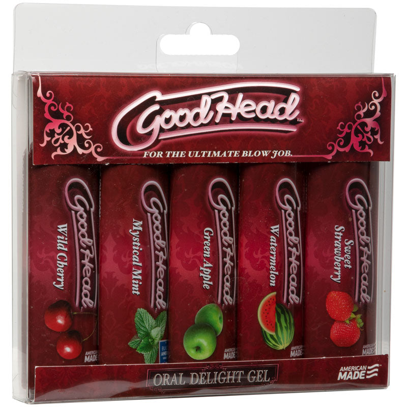 A package displaying five flavored edible gel tubes labeled "Goodhead Oral Delight Gel 5-Pack." The flavors shown are Wild Cherry, Mystical Mint, Green Apple, Watermelon, and Sweet Strawberry. The packaging features shades of red with decorative designs and product branding ideal for enhancing oral sex.