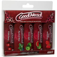 A package displaying five flavored edible gel tubes labeled "Goodhead Oral Delight Gel 5-Pack." The flavors shown are Wild Cherry, Mystical Mint, Green Apple, Watermelon, and Sweet Strawberry. The packaging features shades of red with decorative designs and product branding ideal for enhancing oral sex.