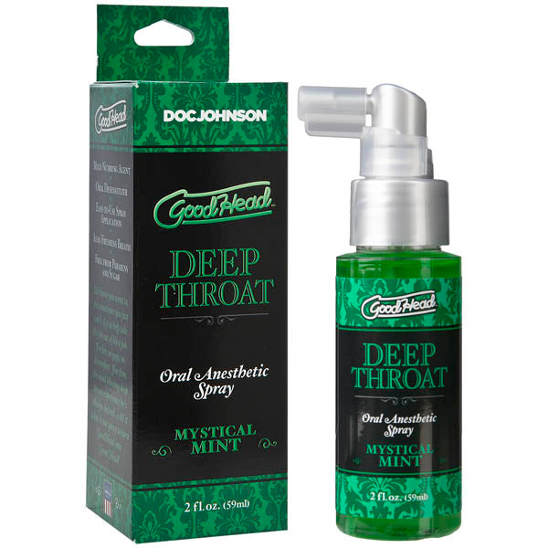 A green and black box branded "Doc Johnson" contains a product labeled "GoodHead Deep Throat Spray" in Mystical Mint flavor, which serves as a throat desensitizer. Next to the box is a 59 ml spray bottle with matching branding and design.