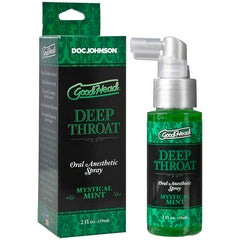 A green and black box branded "Doc Johnson" contains a product labeled "GoodHead Deep Throat Spray" in Mystical Mint flavor, which serves as a throat desensitizer. Next to the box is a 59 ml spray bottle with matching branding and design.