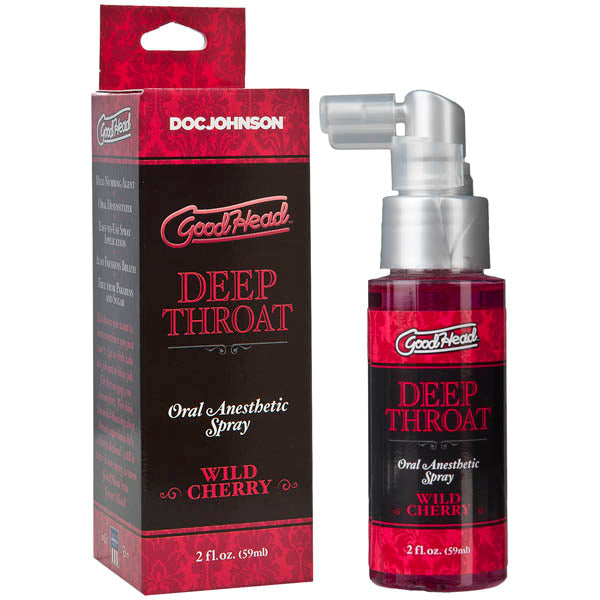 A product known as "GoodHead Deep Throat Spray - Wild Cherry Flavoured" is available in a 59 ml bottle. The packaging features a red box with black accents and a clear bottle equipped with a white spray nozzle, all of which prominently showcase the brand name. This suggests its effectiveness as a throat desensitiser designed to help manage the gag reflex.