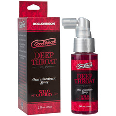 A product known as "GoodHead Deep Throat Spray - Wild Cherry Flavoured" is available in a 59 ml bottle. The packaging features a red box with black accents and a clear bottle equipped with a white spray nozzle, all of which prominently showcase the brand name. This suggests its effectiveness as a throat desensitiser designed to help manage the gag reflex.
