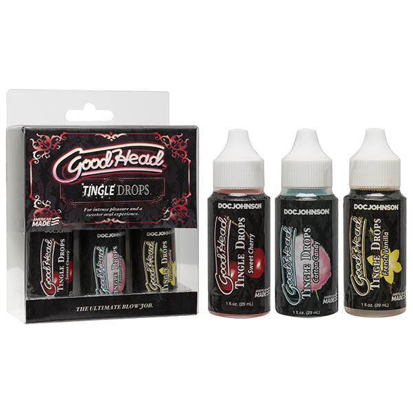 Image of a product set called "GoodHead Oral Sex Tingle Drops 3 pack" by Doc Johnson. This oral sex enhancer set includes three small bottles with white droppers, neatly arranged in a sleek black and red package. The bottles come in delicious flavors, adding a burst of excitement to your intimate moments.