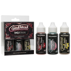 Image of a product set called "GoodHead Oral Sex Tingle Drops 3 pack" by Doc Johnson. This oral sex enhancer set includes three small bottles with white droppers, neatly arranged in a sleek black and red package. The bottles come in delicious flavors, adding a burst of excitement to your intimate moments.