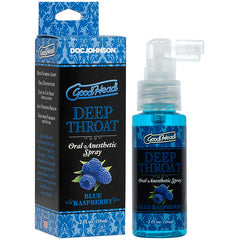 Image of a product titled "GoodHead Deep Throat Spray" in Blue Raspberry flavor. The throat desensitizer bottle is blue with an attached spray nozzle and stands next to packaging that features a decorative blue pattern and an image of blue raspberries.